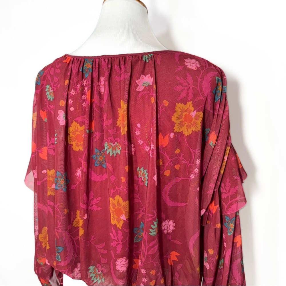 Free People Whimsy Floral Print Berry Pink Ruffled Pleated Draped Blouse XS - Picture 10 of 12